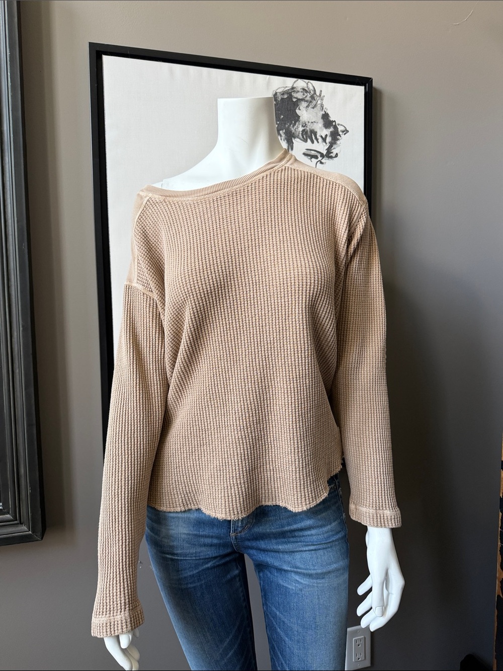 Free People Beige Waffle Knit Long Sleeve Top